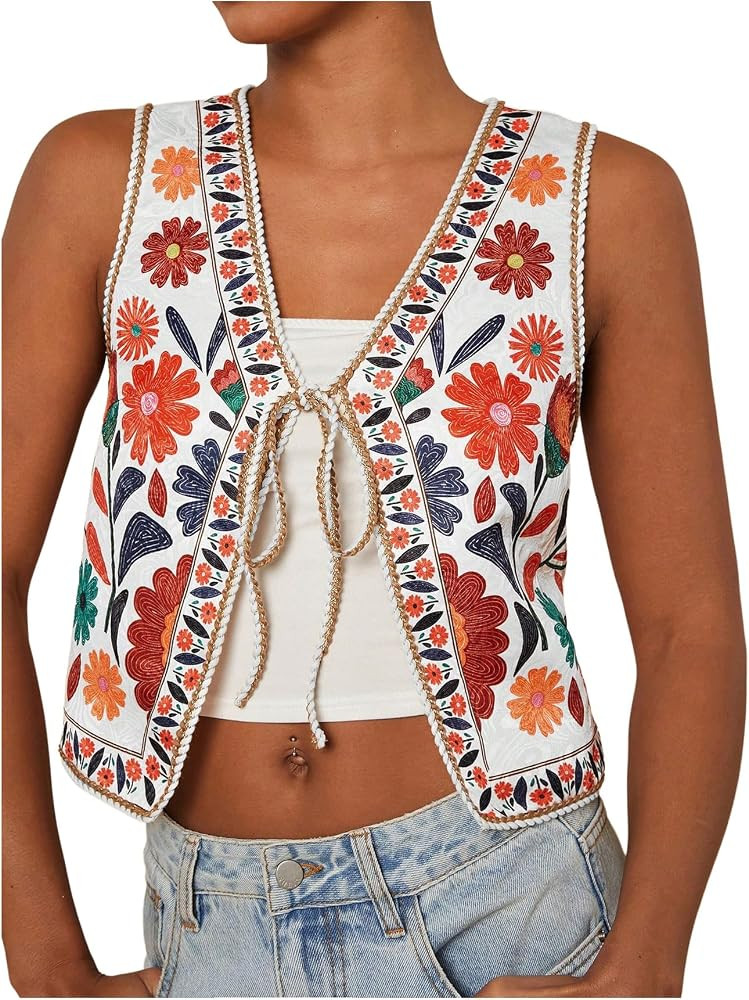 MakeMeChic Women's Floral V Neck Tank Top Sleeveless Tie Front Boho Vest | Amazon (US)