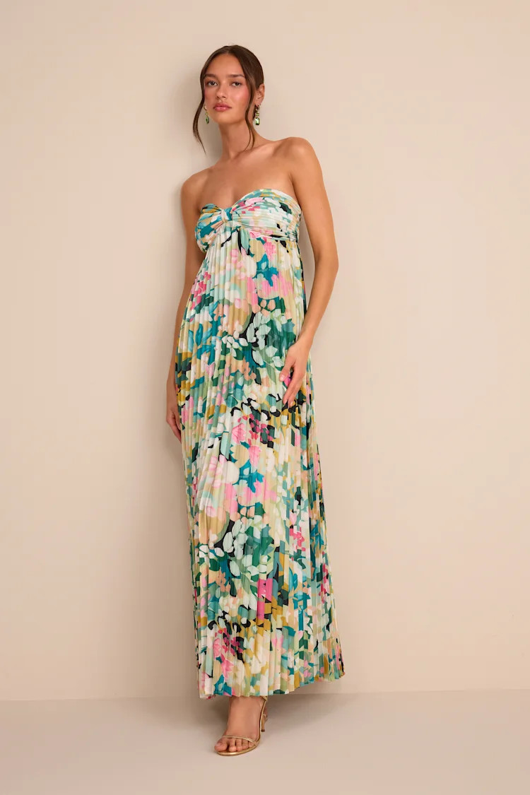 Whimsical Beauty Multi Floral Satin Plisse Strapless Maxi Dress | Lulus