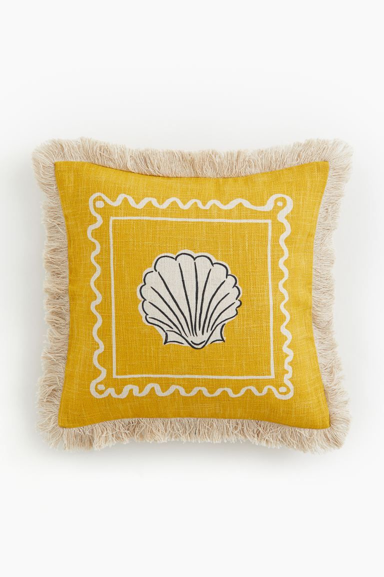Linen-blend Cushion Cover with Fringe - Yellow/seashell - Home All | H&M US | H&M (US + CA)