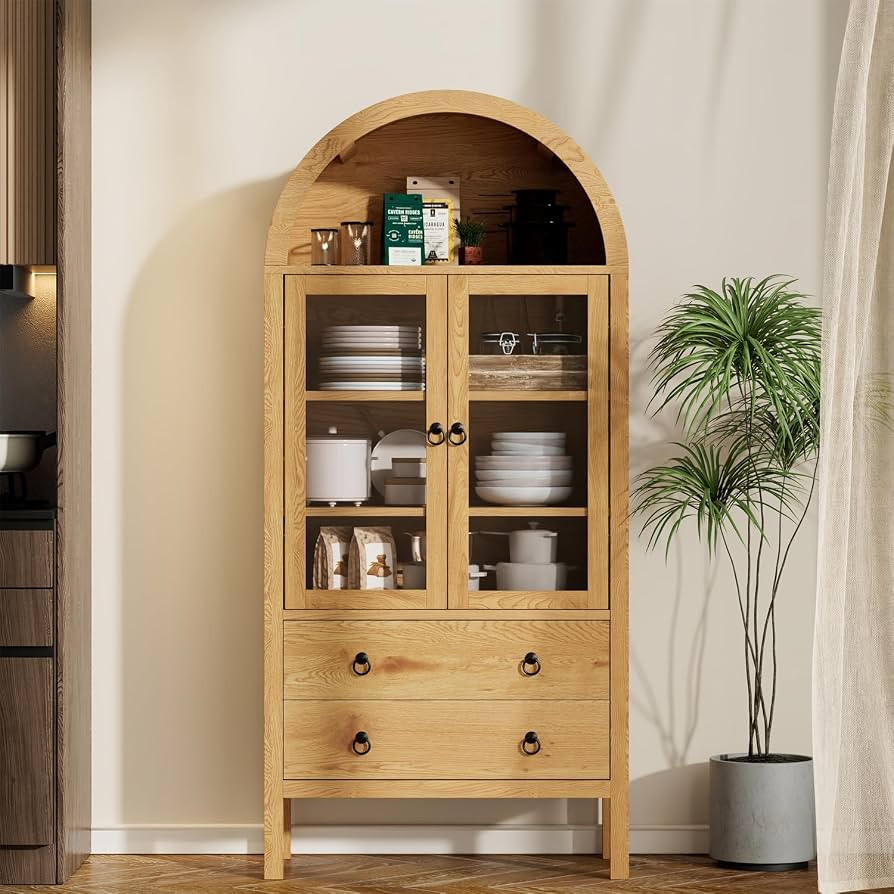 71" Tall Arched Cabinet, Modern Storage Cabinet with Glass Door, Kitchen Pantry Cabinet, Wooden A... | Amazon (US)