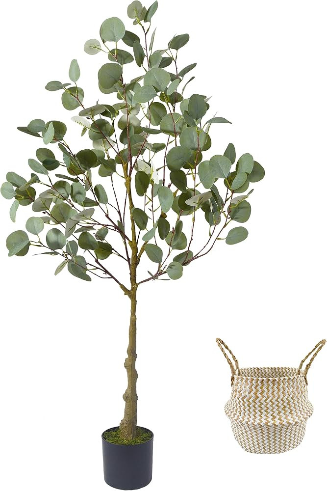 Artificial Eucalyptus Tree, 4ft Tall Fake Eucalyptus Plant with Basket, Green Silver Dollars Silk... | Amazon (US)