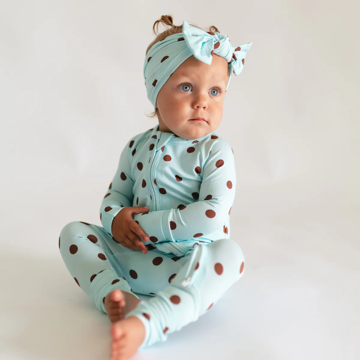 Infant Romper in Blue & Brown Polka Dot | Silks Design