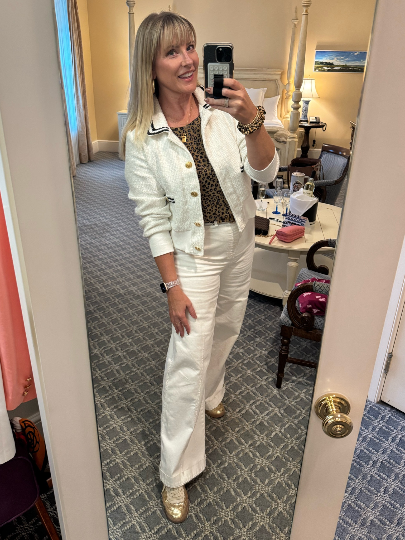 Leopard print but keep it chic! 🐆 

Every store I go in to right now has leopard print. Sometimes it can look a bit cheap so I like to pair it with classic style, like this winter white look including a tweed bomber with chic gold buttons from Ellen Tracy and these incredible gold sneakers. 

Loving this look for Fall! 

#fallstyle #winterwhite #ellentracy #spanx #bomberjacket #midsizestyle #tallgirlstyle 

#LTKSeasonal #LTKOver40 #LTKWorkwear