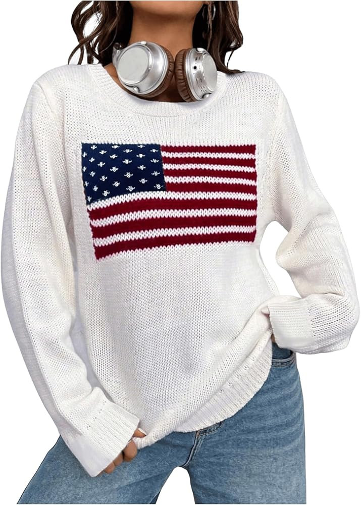 GORGLITTER Women's American Flag Graphic Long Sleeve Sweater Knit Round Neck Pullover Top | Amazon (US)