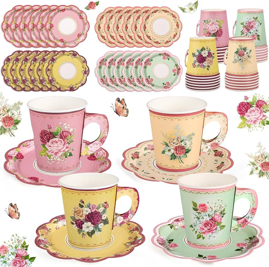 24 Sets Vintage Floral Tea Party Cups 7 OZ Disposable Paper Tea Cups with Handle and Plates Teacu... | Amazon (US)