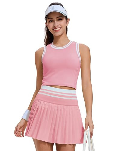 Two Piece Tennis Skirt Set for Women High Waisted Pleated Athletic Golf Skirt Sets Women 2 Piece Outfits with Pockets Candy Pink | Amazon (US)
