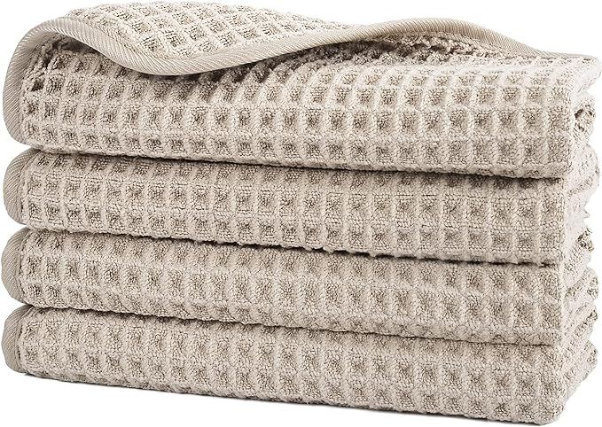 POLYTE Microfiber Lint Free Washcloth Face Towel, 13 x 13 in, 4 Pack (Beige, Waffle Weave) | Amazon (US)