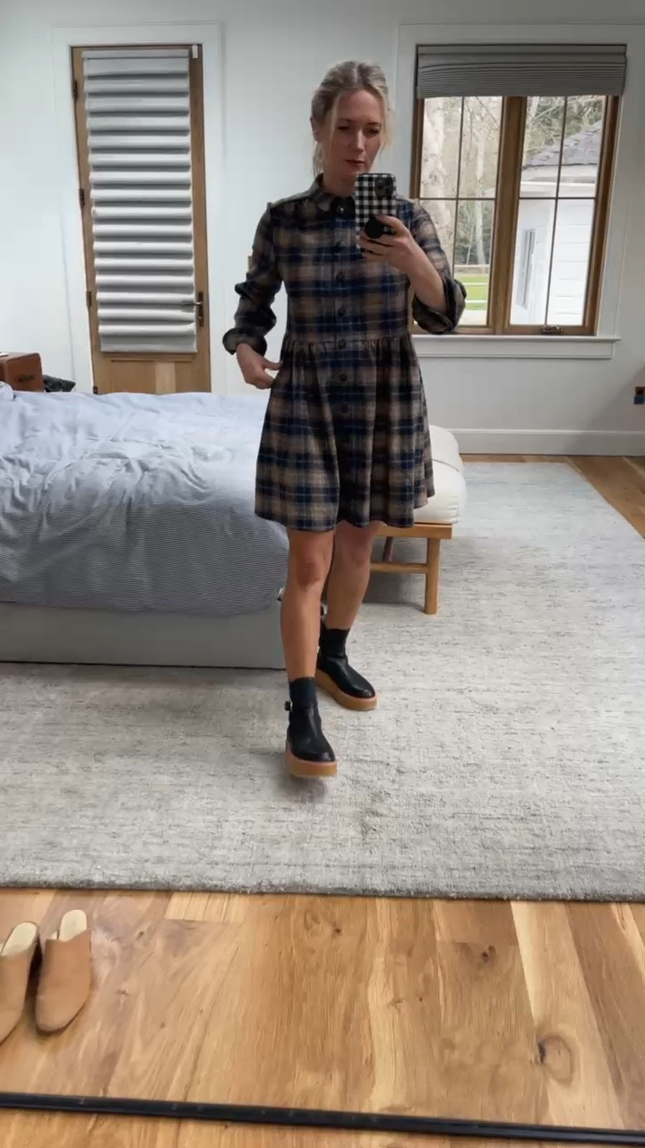 Picking out some clothes for a shoot. I love the shape of this dress (this is the Carreaux brooklyn color, but there are so many cute prints) paired with these lug sole boots (currently on MAJOR sale for $178-$238 - hundreds dollars off the OG price!).

#LTKstyletip #LTKsalealert #LTKshoecrush