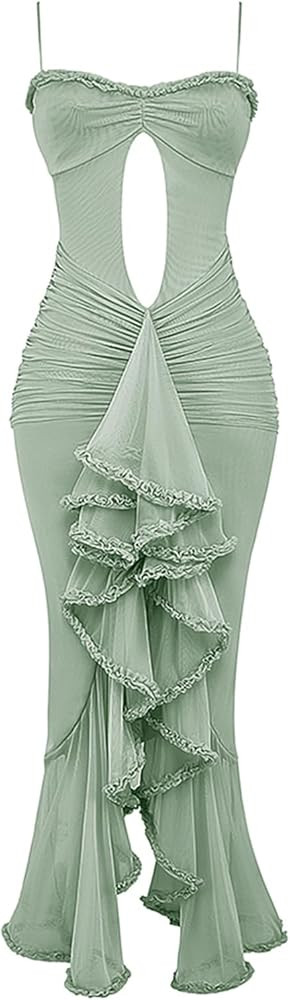 houstil Women's Strap Ruffle Casual Summer Dress Mesh Beach Party Maxi Cocktail Evening Holiday W... | Amazon (US)