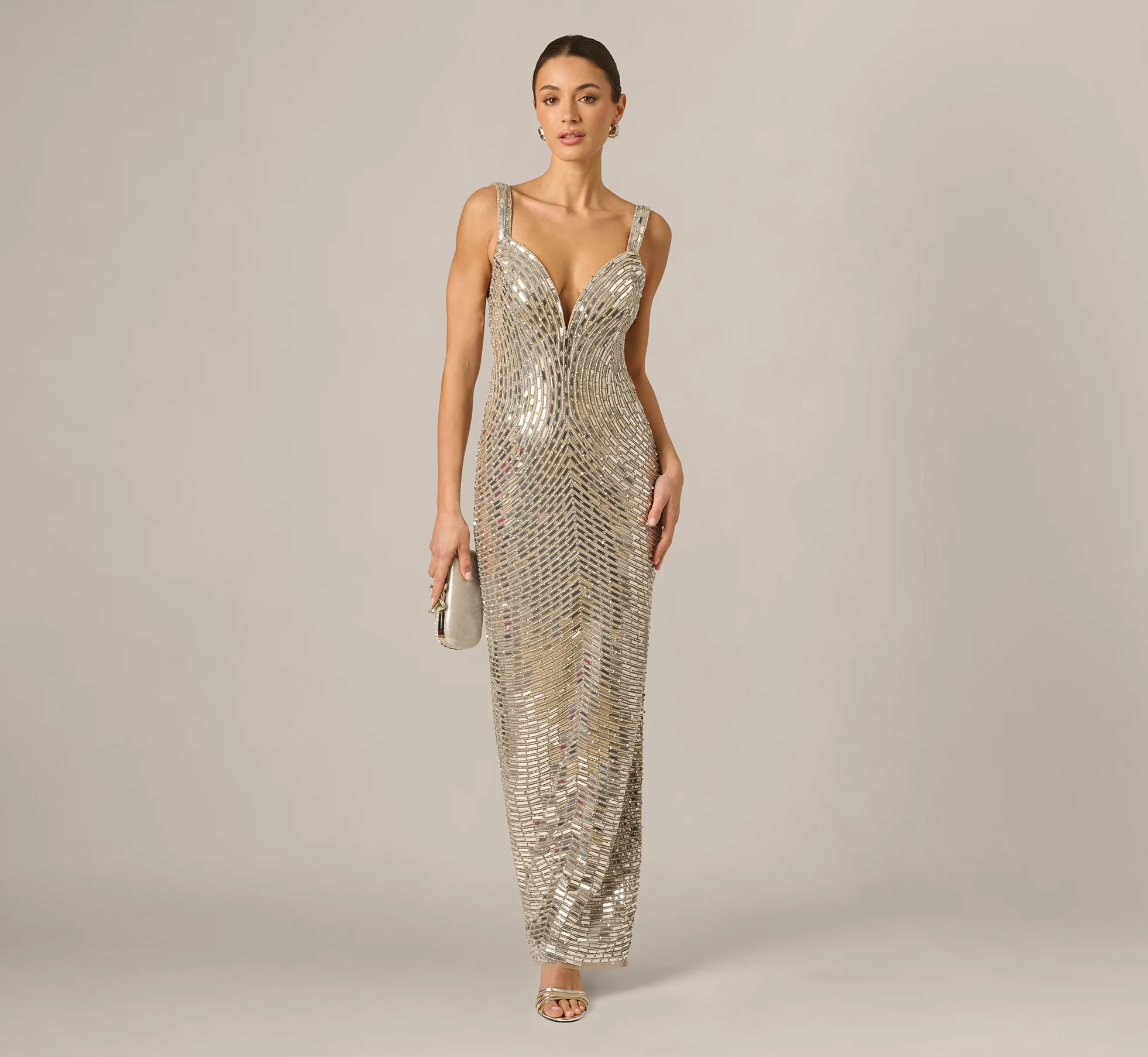 Plunge Neck Mirror Beaded Gown In Silver | Adrianna Papell