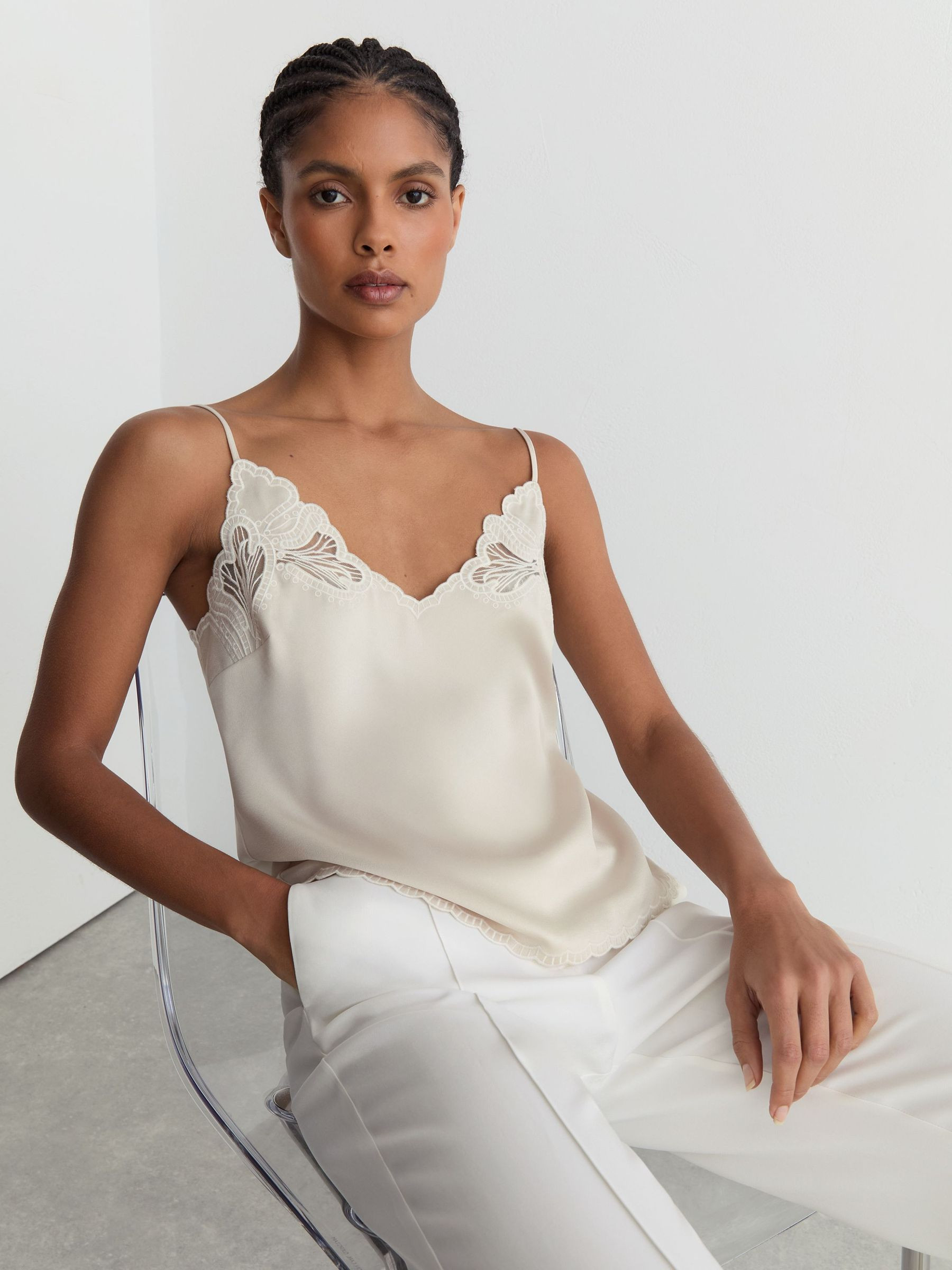 Reiss Satin Lace-Detail Cami Top in Neutral | REISS | Reiss US