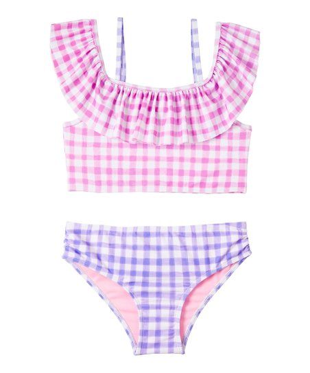 Pink & Purple Gingham Ruffle-Accent Off-Shoulder Bikini - Girls | Zulily