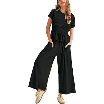 Womens 2 Piece Smocked Top Wide-Leg Pants Set High-Waisted Lounge Outfit with Pockets Casual Boho... | Amazon (US)