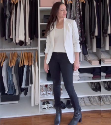 Easy day to night look. My ivory blazer and black boots are old so I’ve linked similar ones. My silk cami is under $40 and comes in lots of colors. Capsule wardrobe staples. 

#LTKfindsunder50 #LTKover40