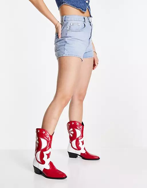 Pull&Bear printed stitch detail western boots in red | ASOS (Global)