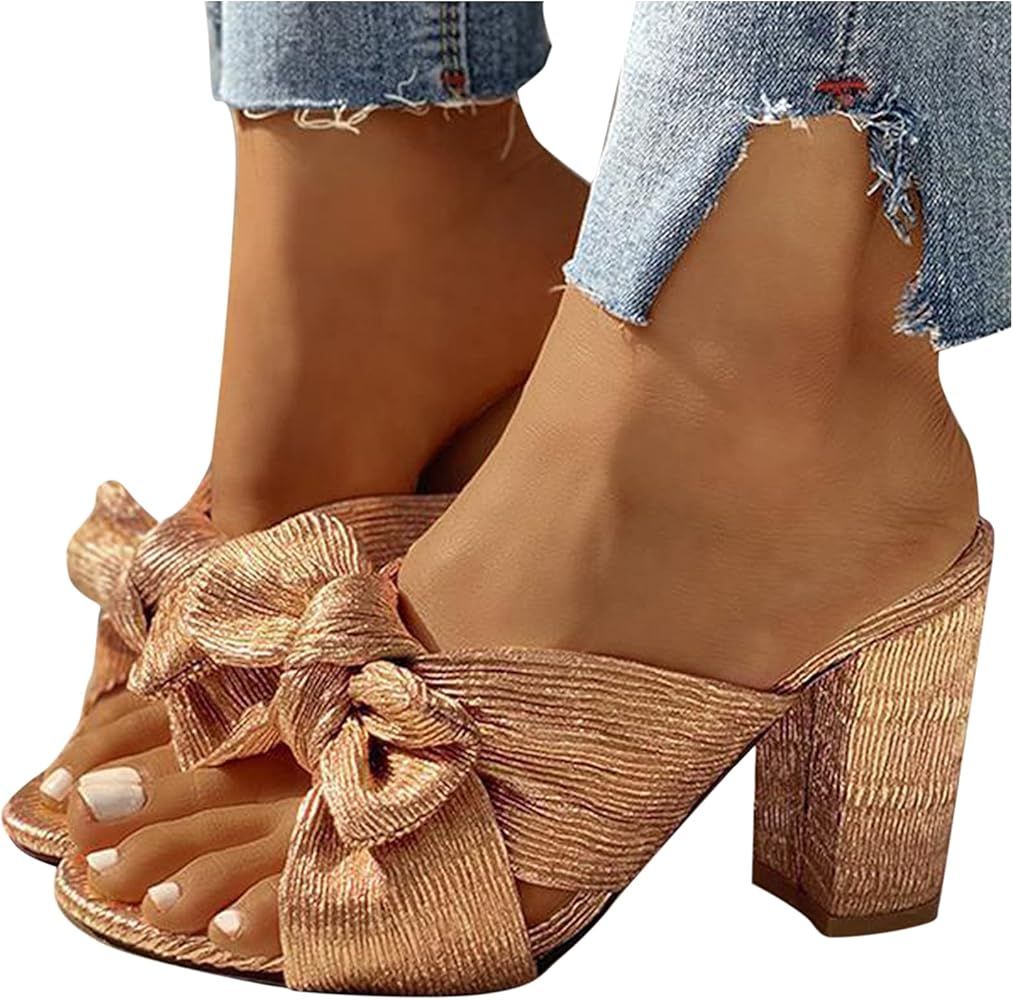 Xudanell Sandalias para Mujer Chunky Heels Bow Knot Slip On Blcok Heel Slides Cute Casual Summer Hee | Amazon (US)