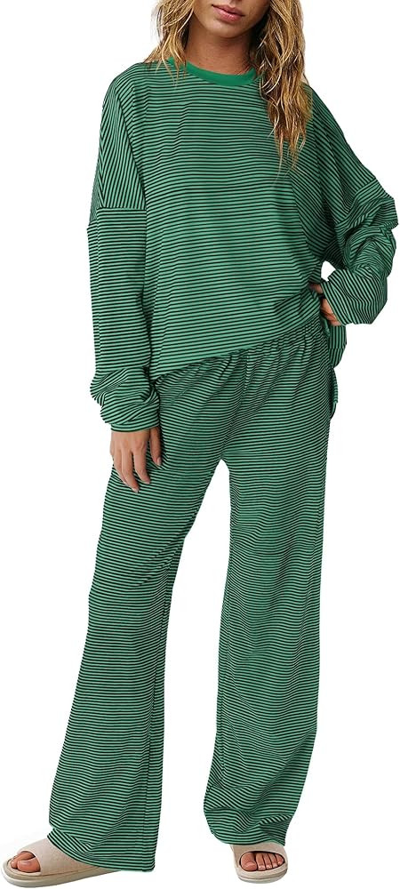 Panadila Womens 2 Piece Lounge Sets Striped Long Sleeve Pajama Set Oversized Tshirts Wide Leg Pan... | Amazon (US)