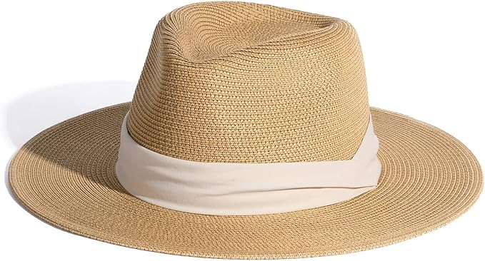Womens Mens Wide Brim Straw Panama Hat Fedora Summer Beach Sun Hat UPF Straw Hat for Women | Amazon (US)