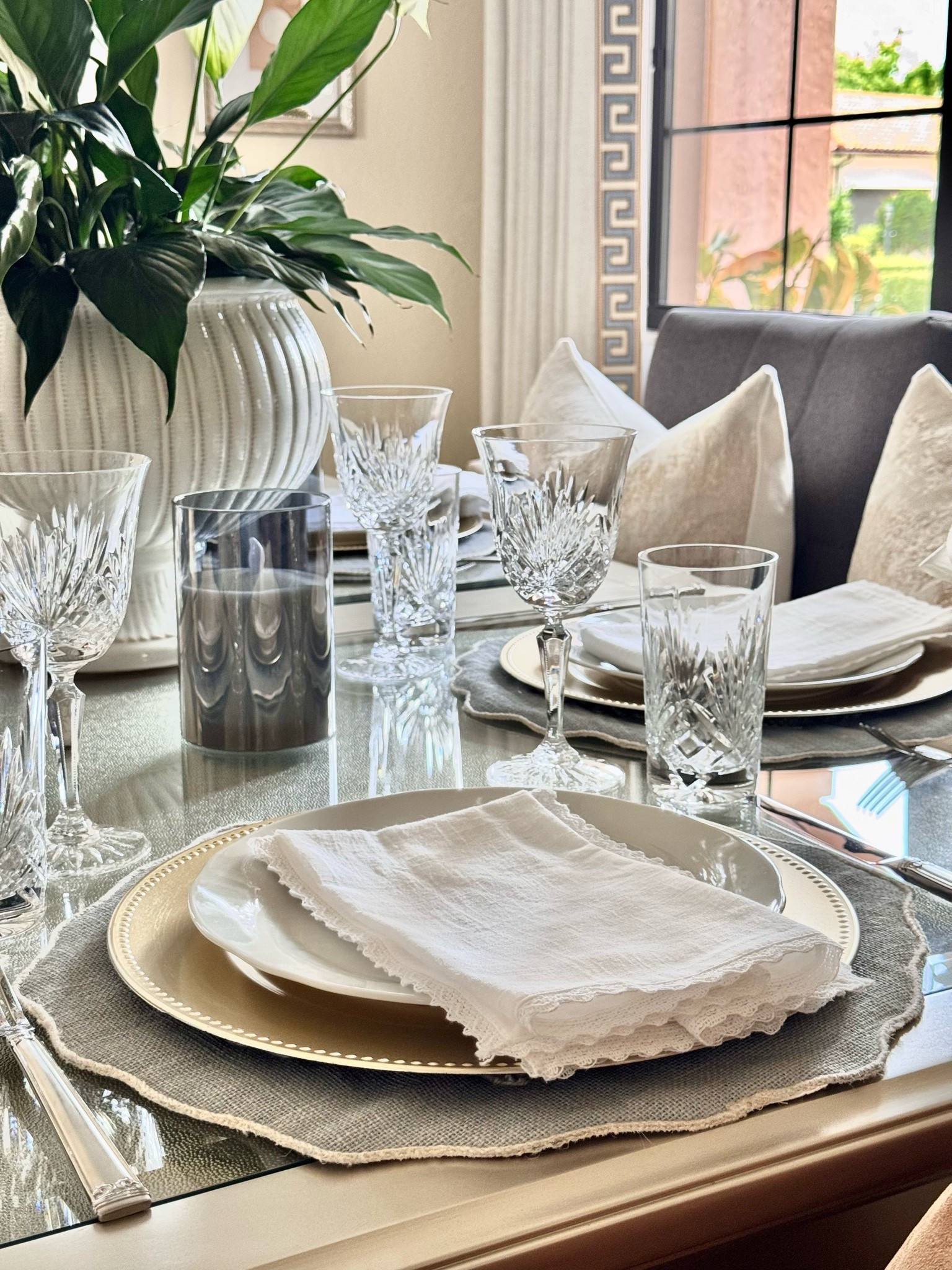 🍽️🩵Create beautiful table settings by layering delicate placemats, simple charger plates, white dinner plates, and nicely folded, white cloth napkins! 

Summer Hosting & Entertaining | Tabletop | Tablescape | Placemats | Charger Plates | Dinner Plates | Crystal Drinkware | White Napkins

#LTKHome #LTKSeasonal