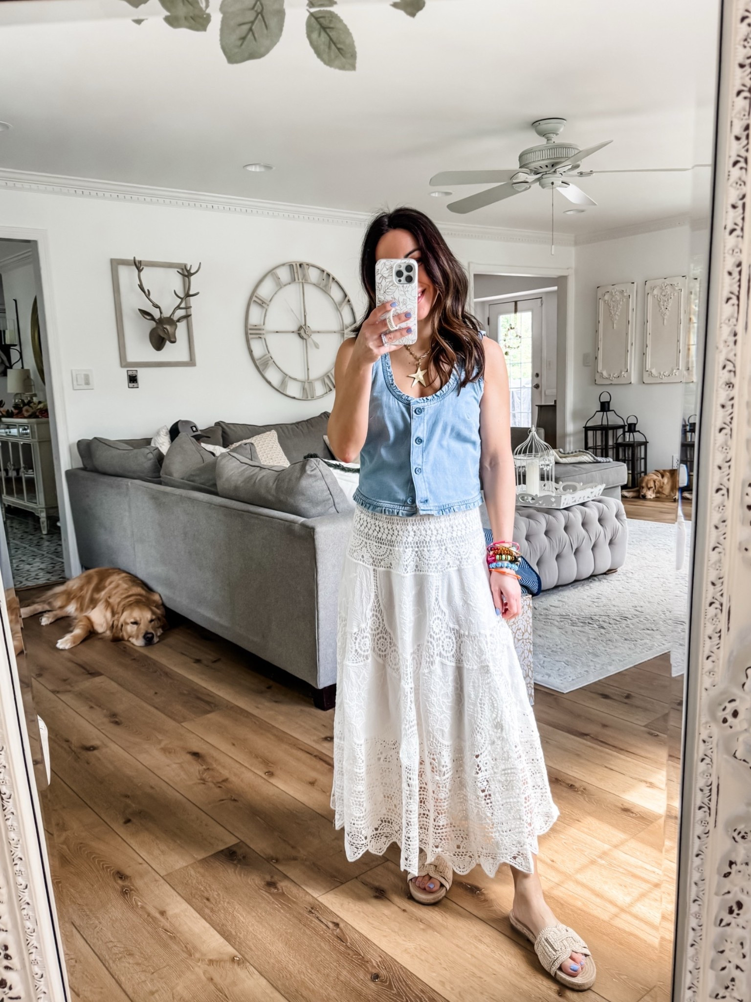 Small denim vest. Small white crochet skirt. Maxi skirt. Country concert outfit.

#LTKOver40