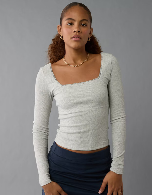 AE Square Neck Lace Long-Sleeve T-Shirt | American Eagle Outfitters (US & CA)