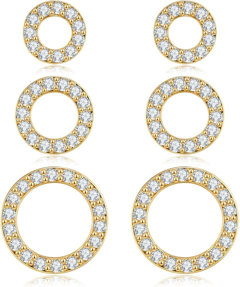 FAMARINE 3 Pairs Circle Stud Earrings for Women Gold CZ Small Stud Earrings Daily Earrings Chic E... | Amazon (US)