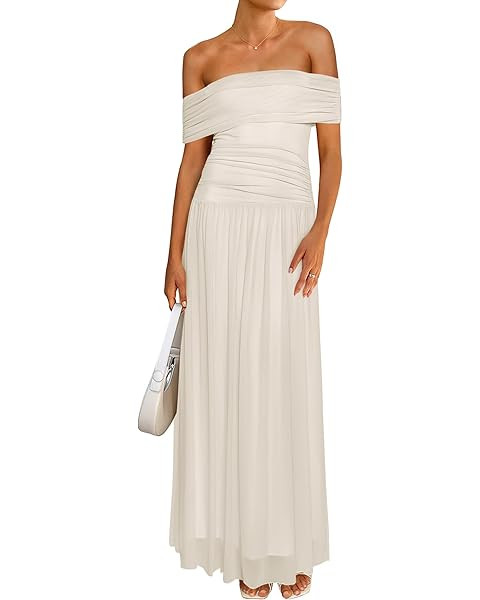 ZESICA Women's Off The Shoulder Maxi Dress 2025 Summer Sleeveless Casual Slim Swing Pleated Forma... | Amazon (US)