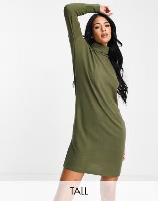 Noisy May Tall mini sweater dress with turtle neck in khaki | ASOS (Global)