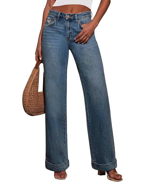 KUNMI Jeans for Women Wide Leg Baggy High Waist Boyfriends Straight Leg Stretchy Denim Pants Tren... | Amazon (US)