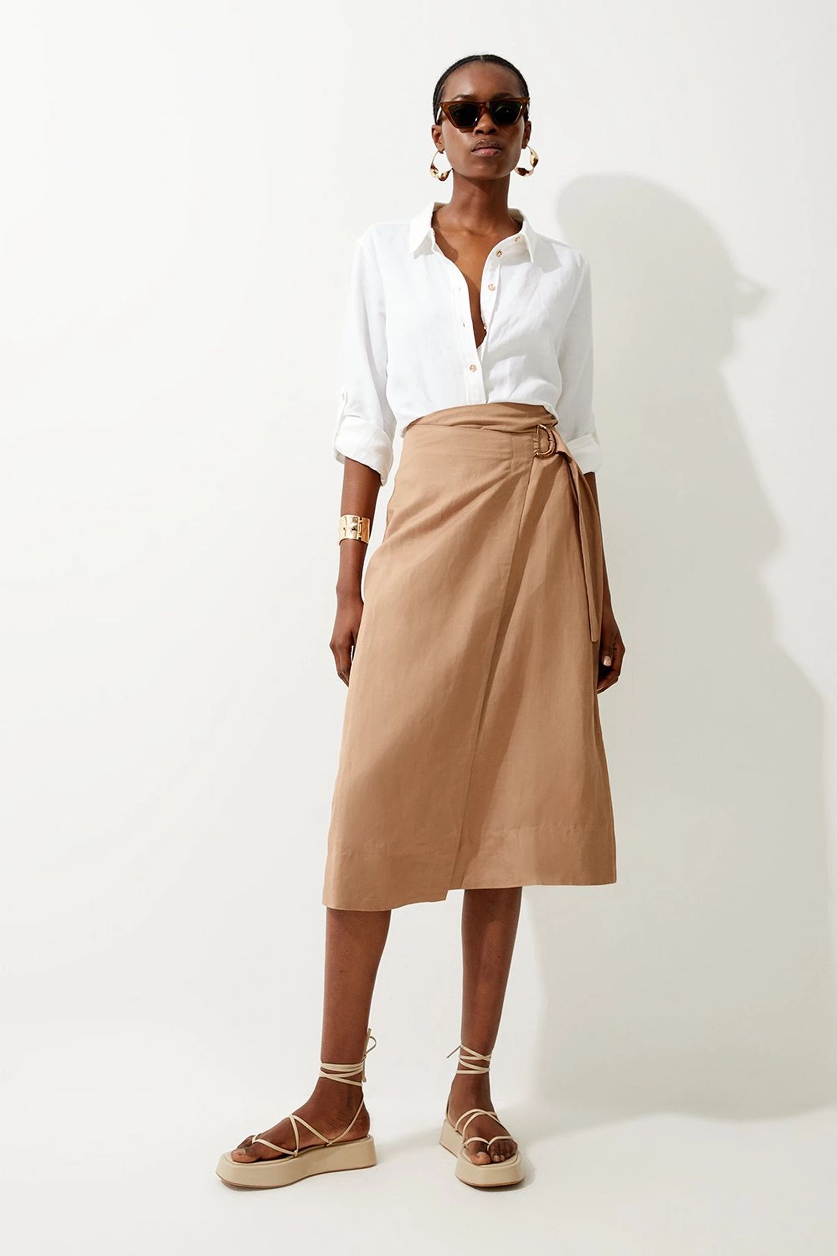 Viscose Linen Aysmetric Midi Skirt | Karen Millen UK + IE + DE + NL
