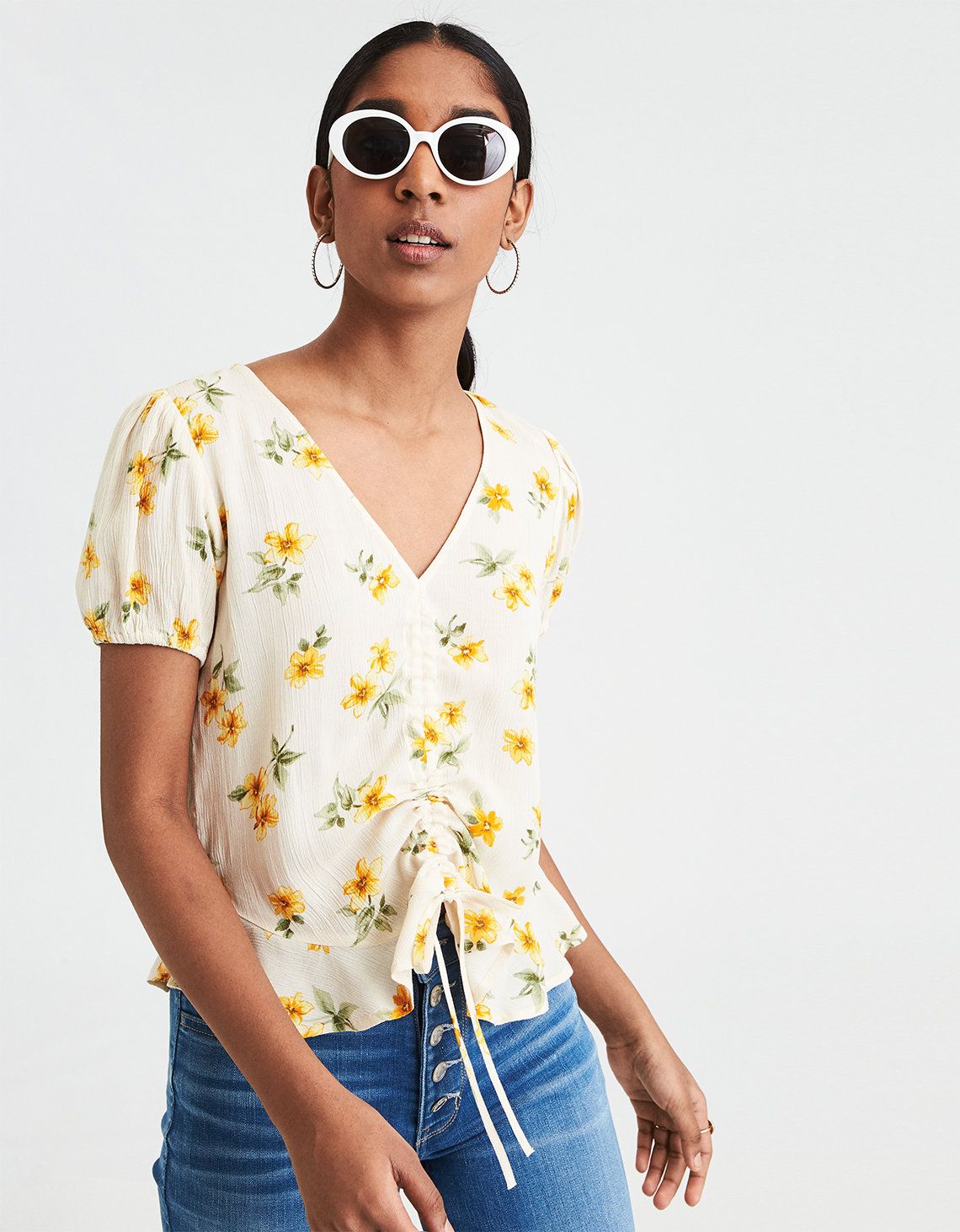 AE Cinch Front Top, Cream | American Eagle Outfitters (US & CA)