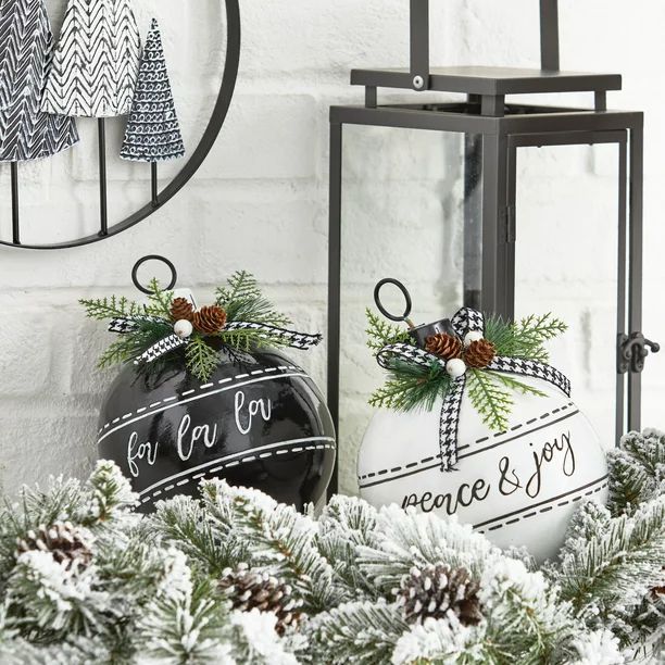 Holiday Time White and Black with Peace and Joy and Fa La La 2pc Ball Ornament Tabletop Decor - W... | Walmart (US)
