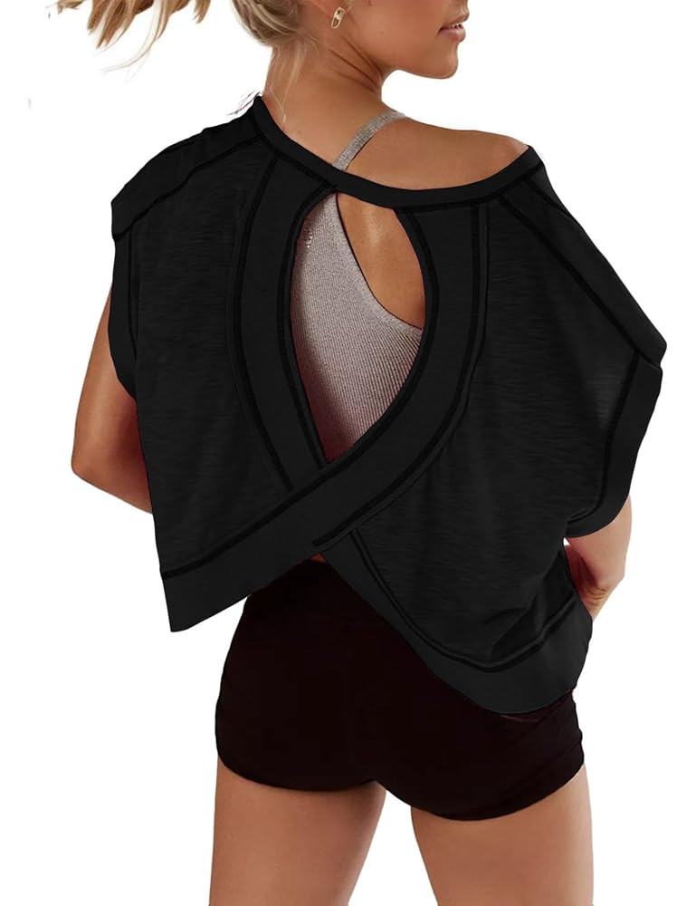 Open Back Tops for Women Oversized Short Sleeve Workout T Shirts Backless Y2k Athletic Crop Runni... | Amazon (US)
