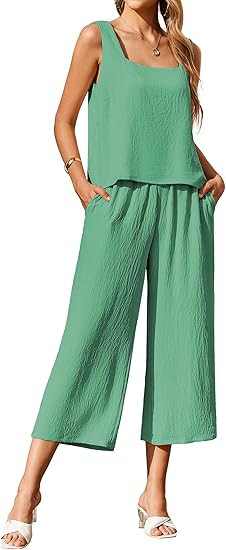 Ekouear Women's 2 Piece Outfits Sleeveless Top Capri Pants Matching Lounge Set Vacation Clothes | Amazon (US)