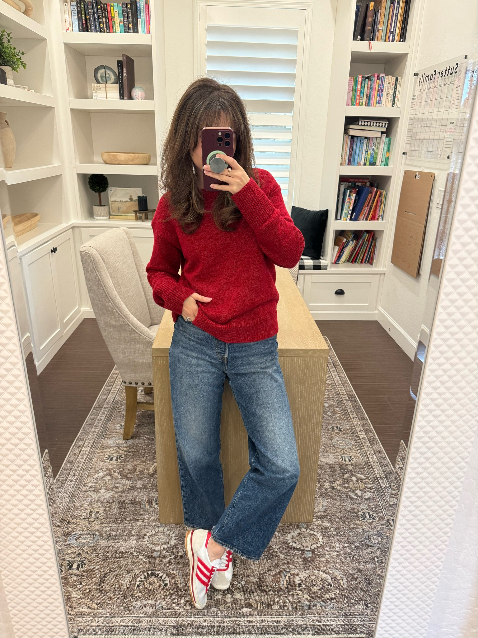 Red sweater xs
Jeans 25
Red sneakers 5

#LTKHoliday