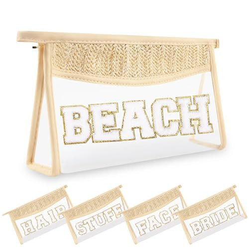 Small Boho Straw Clear Beach Makeup Bags for Women&Girls, Zipper Cosmetic Bag Chenille Varsity Letter Patch Bag, Preppy Cute Toiletry Pouch, Trendy Organizer Storage Bag for Beach Travel Essentials | Amazon (US)