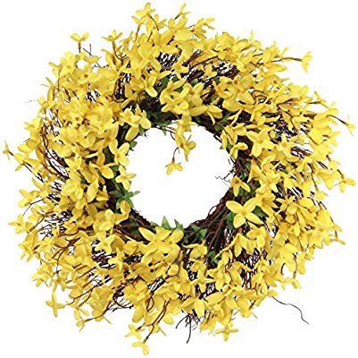 Click for more info about Larksilk 16" Artificial Forsythia Wreath, Yellow & Green Hues, Twig Base, Handcrafted, Year Round...