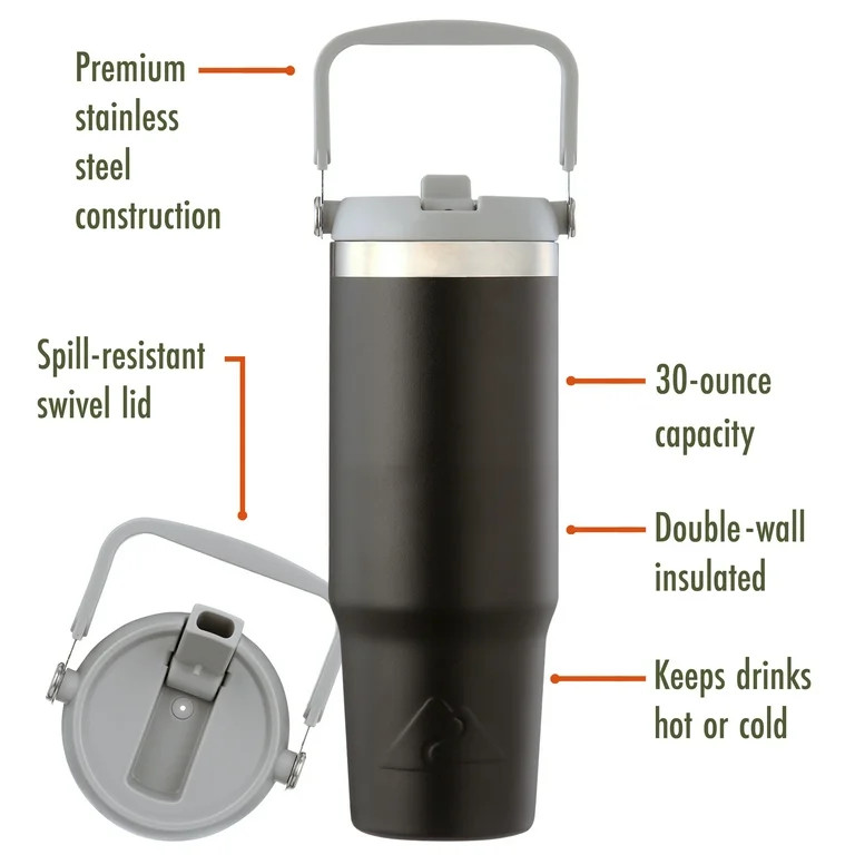 Ozark Trail 30 oz Insulated Stainless Steel Tumbler with Swivel Handle, Black | Walmart (US)
