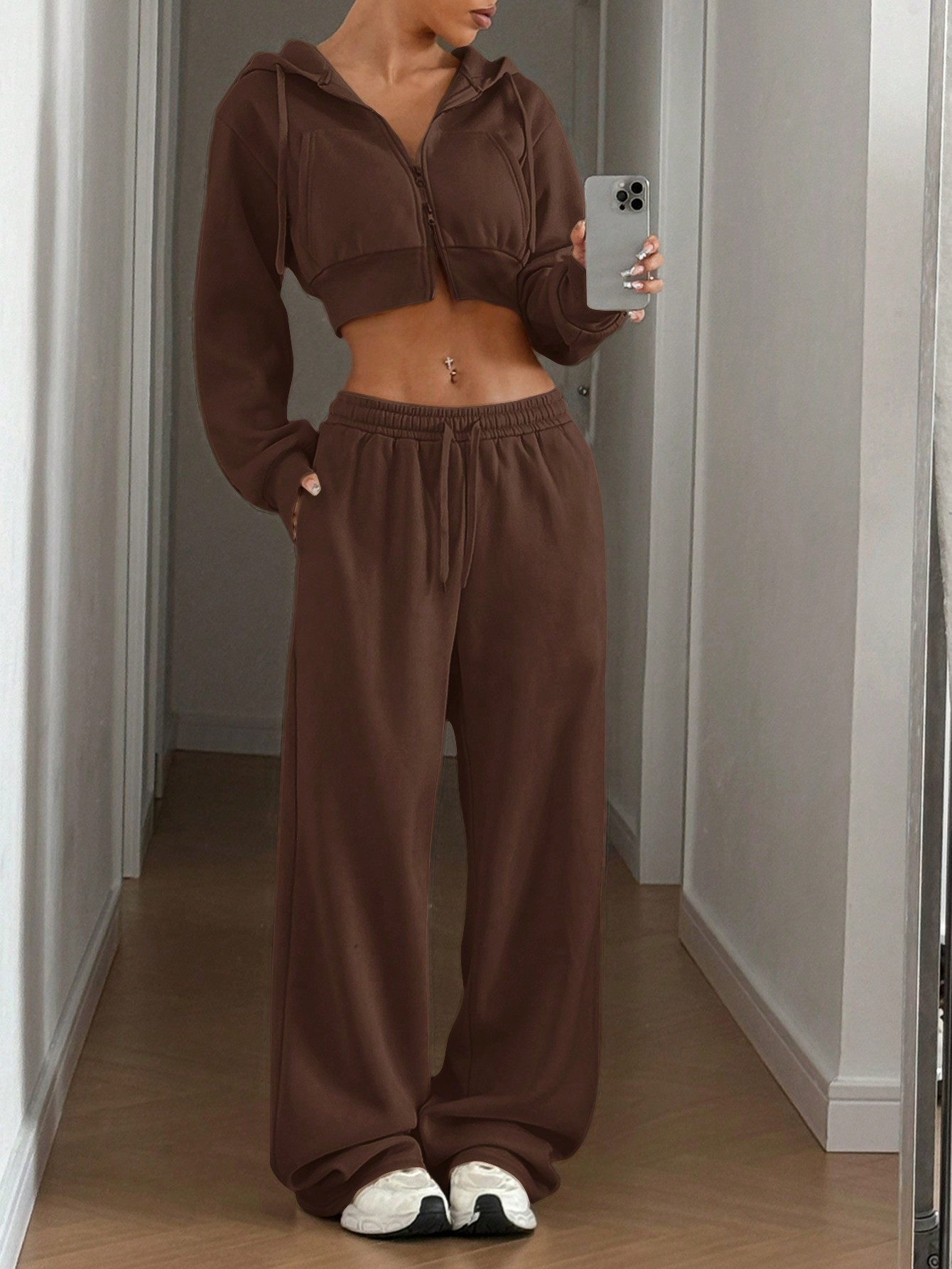 SHEIN EZwear Women 2Pcs Set - Casual Front Zip Long Sleeve Top And Long Pants,2 Piece Fall Outfit... | SHEIN