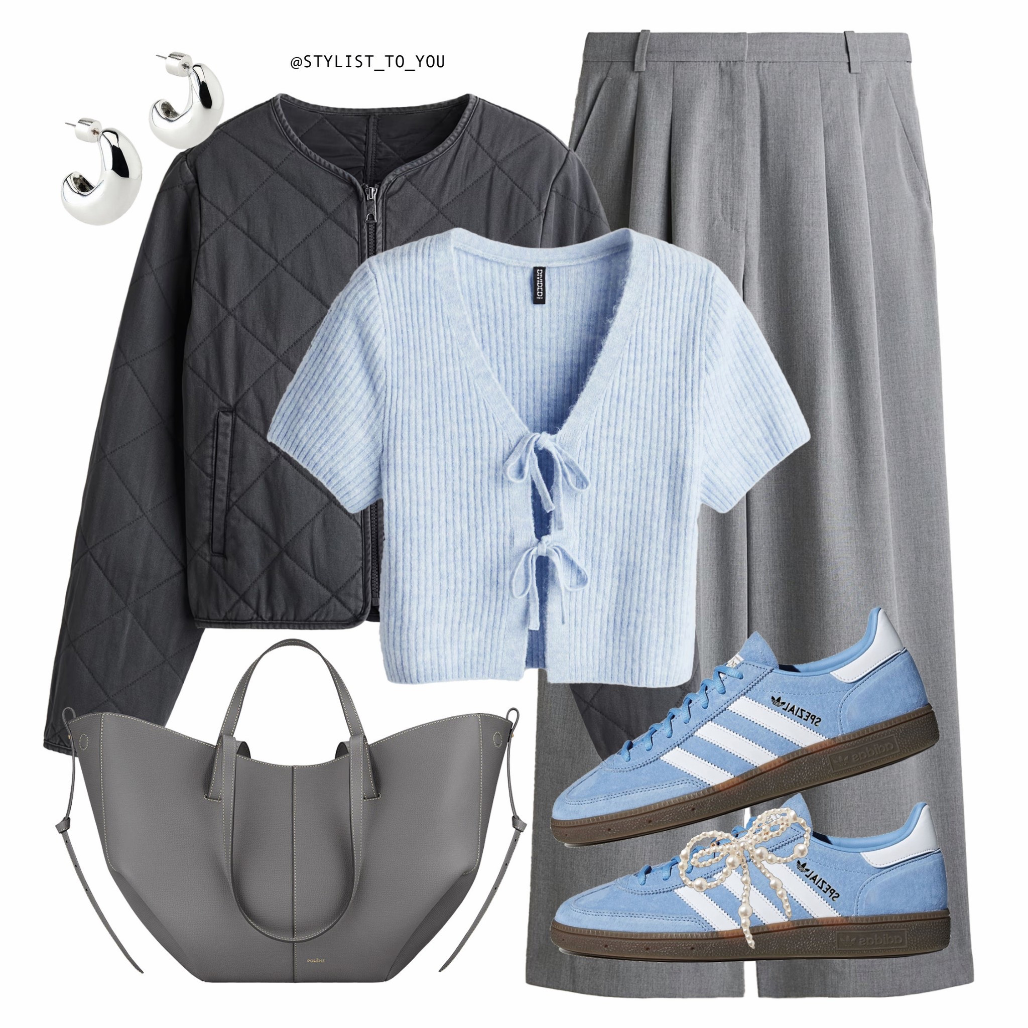 Baby blue and grey 🩵🩶

Flat lay of a stylish spring outfit featuring a tie front baby powder blue cardigan, grey high-waisted straight-leg tailored trousers, a charcoal grey quilted short jacket, blue Adidas spezial sneakers trainers shoes with cream stripes, a large grey polene tote handbag, and Zara silver hoop earrings, OOTD, spring fashion, cozy chic, street style, casual outfit, Adidas Samba, blue vibes, designer bag, warm jacket, effortless style, spring knitwear, sneaker style, fashion inspiration, layered looks, style goals, weekend wear, OOTD, winter fashion, chic, street style, casual outfit, Adidas sneakers, baby pale blue cardigan, puffer jacket, luxury bag, knitwear style, sneaker fashion, layered looks, wardrobe essentials, fashion inspo, everyday style, comfy and cute, pastel vibes, grey denim, casual chic, cold weather fashion, statement shoes, fashion trends, minimalist style, weekend look, outfit inspiration, cozy layers, effortless fashion, soft hues, spring wardrobe, bold accessories, blue outfit, trendy looks, casual layering, knitwear, blue aesthetic, grey aesthetic, fashion goals, stylish and comfy, spring essentials, streetwear vibes, timeless style, everyday fashion, wardrobe staples, denim outfit, casual luxe, fashionable layers, spring ready, pop of blue, cosy vibes, spring
Weather outfits, elevated casual style.

#LTKspring #LTKuk #LTKeurope