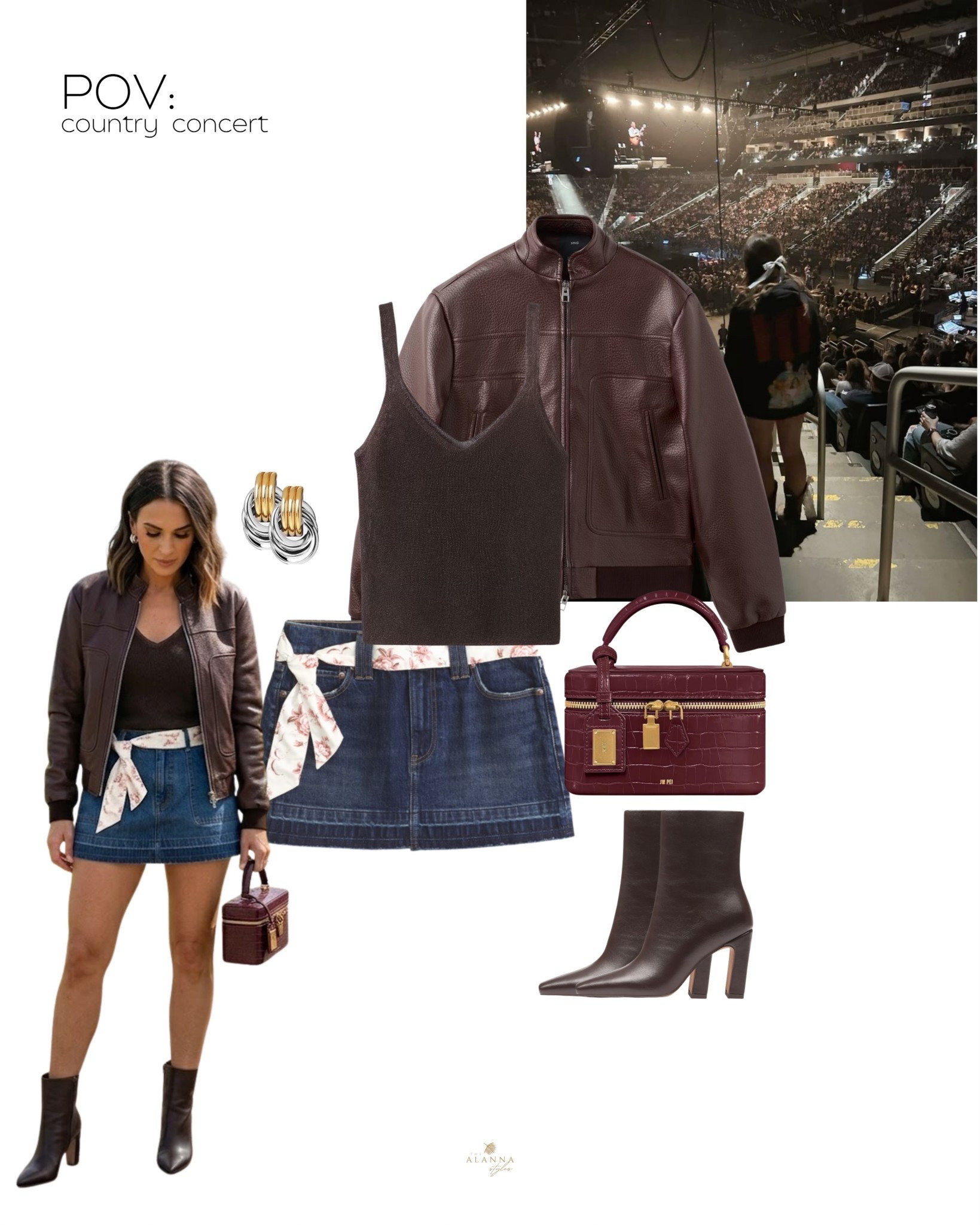 boots and bows. 🤠🍷 taking an edgy approach to country concert style with deep chocolate and burgundy tones. this leather bomber jacket paired with a denim mini and pointed-toe boots is the perfect mix of grit and glam. added a little floral bow detail for that "coquette" touch. 🏟️✨

#countryconcert #concertoutfit #leatherjacket #denimmini #westernchic #boots #burgundystyle

#LTKootd