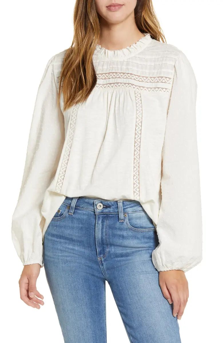 Pintuck Lace Detail Long Sleeve Cotton Blouse | Nordstrom