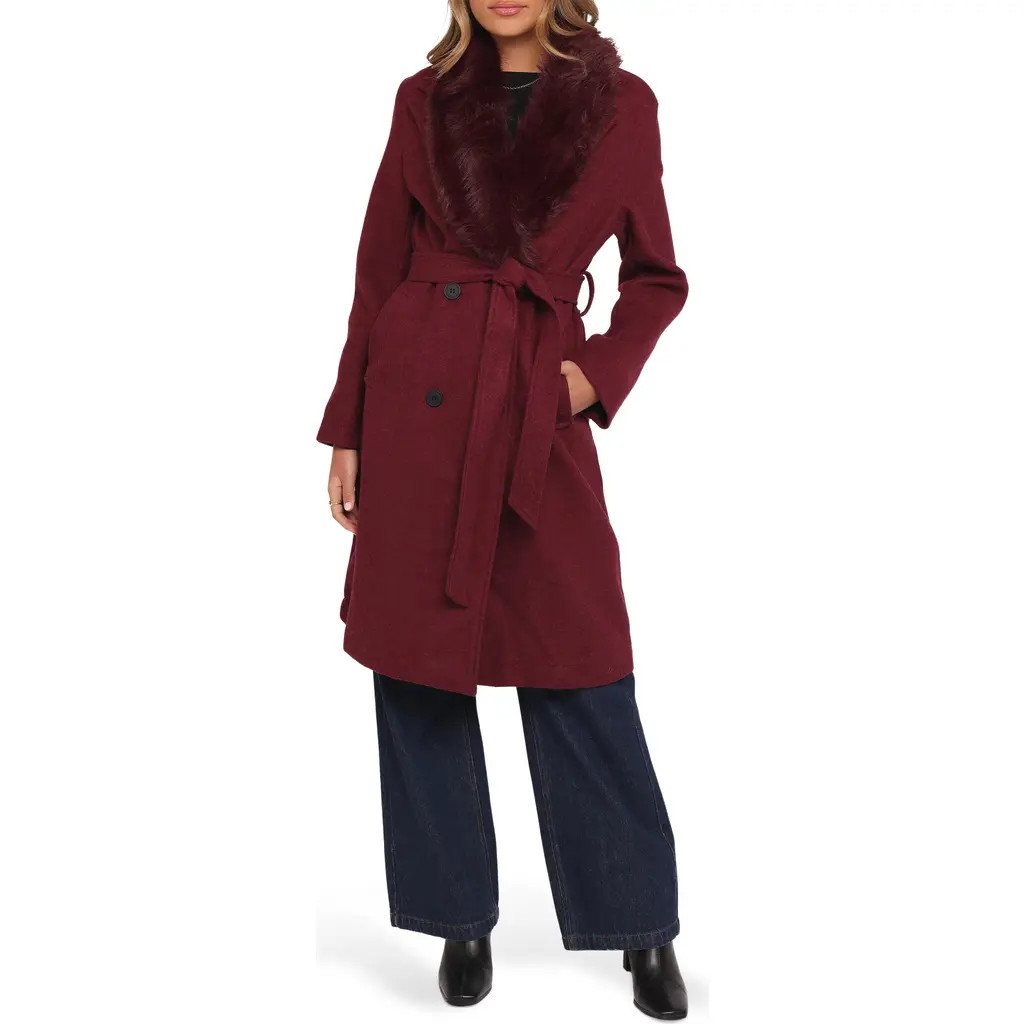 Petal & Pup Nina Belted Faux Fur Collared Coat in Burgundy at Nordstrom, Size Small | Nordstrom