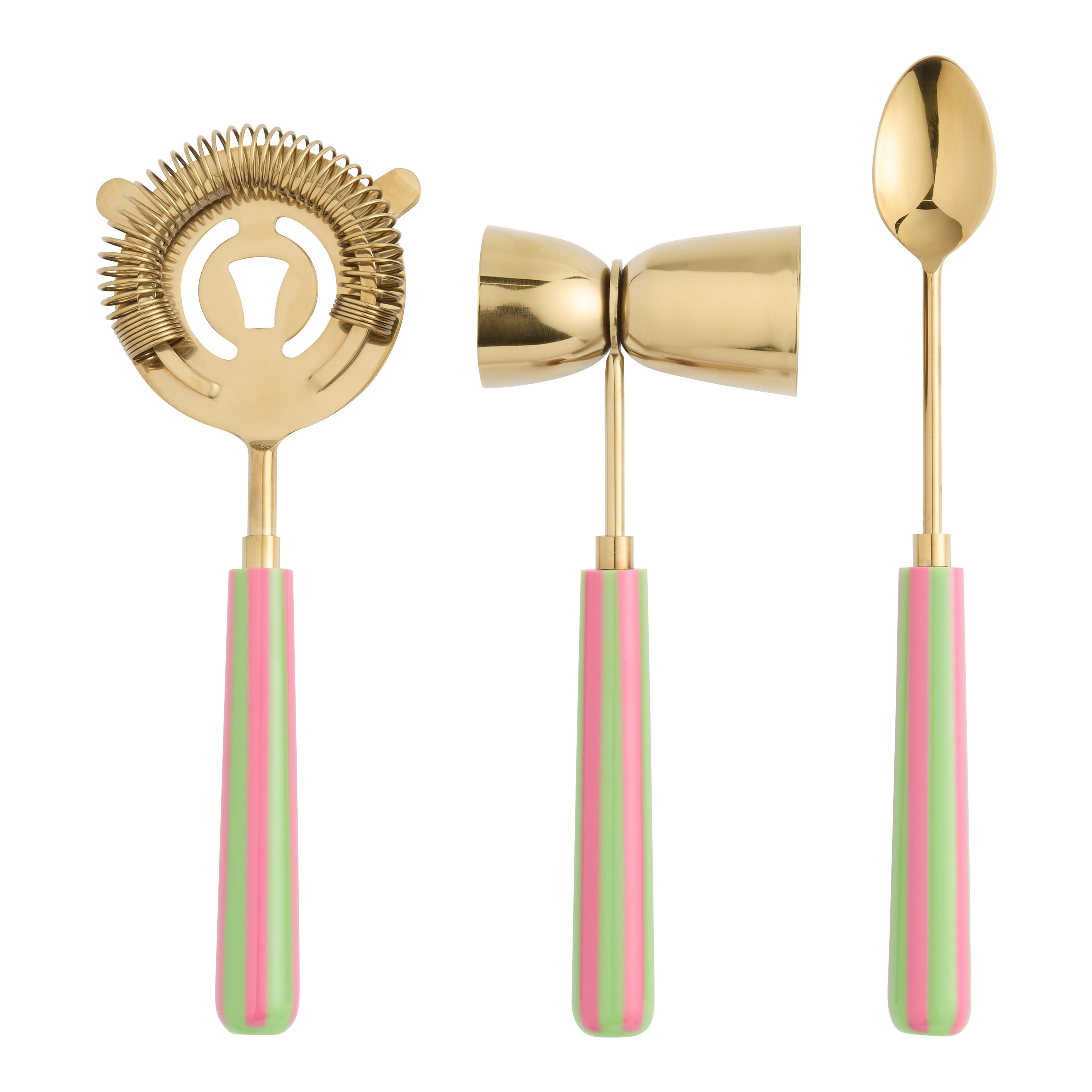 Gold Stainless Steel and Green Stripe Resin Bar Tools 3 Pack - World Market | World Market