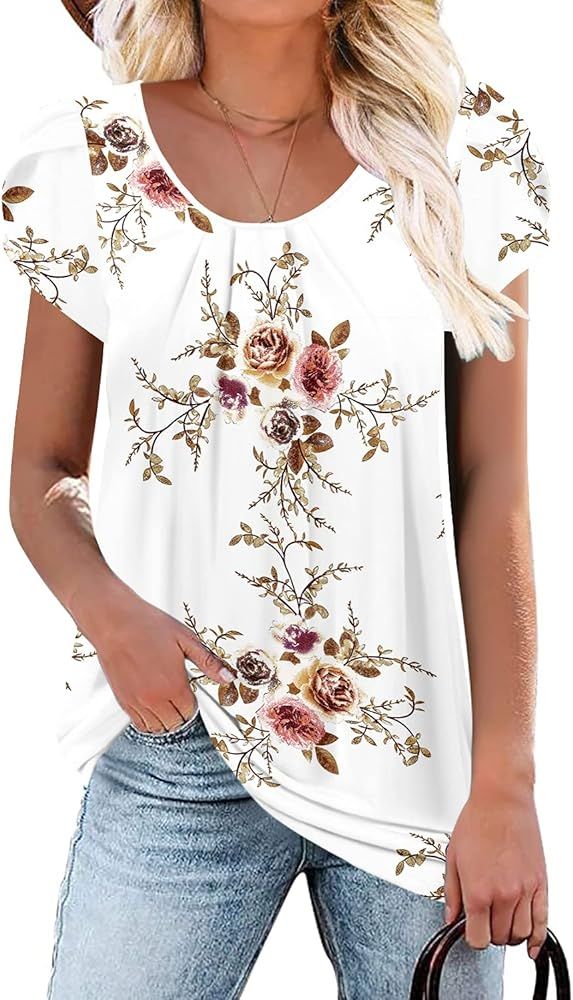 Fangcloudy Women's Petal Sleeve Shirt Floral Tops Elegant Blouses for Women Round Neck/V Neck Shi... | Amazon (US)