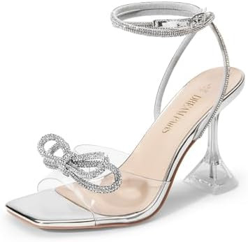 DREAM PAIRS Stiletto Bow Heels for Women Strappy Sparkly Rhinestone Square Toe Clear Crystal High... | Amazon (US)