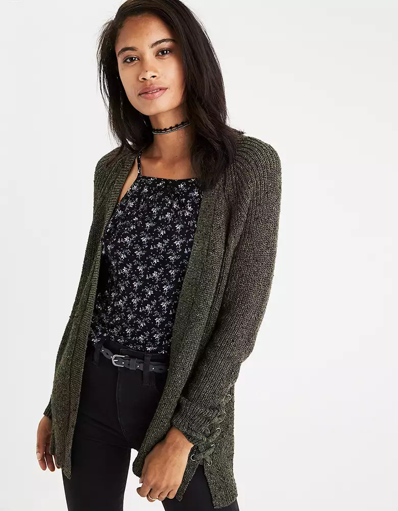 AEO Side-Lace Cardigan, Olive | American Eagle Outfitters (US & CA)
