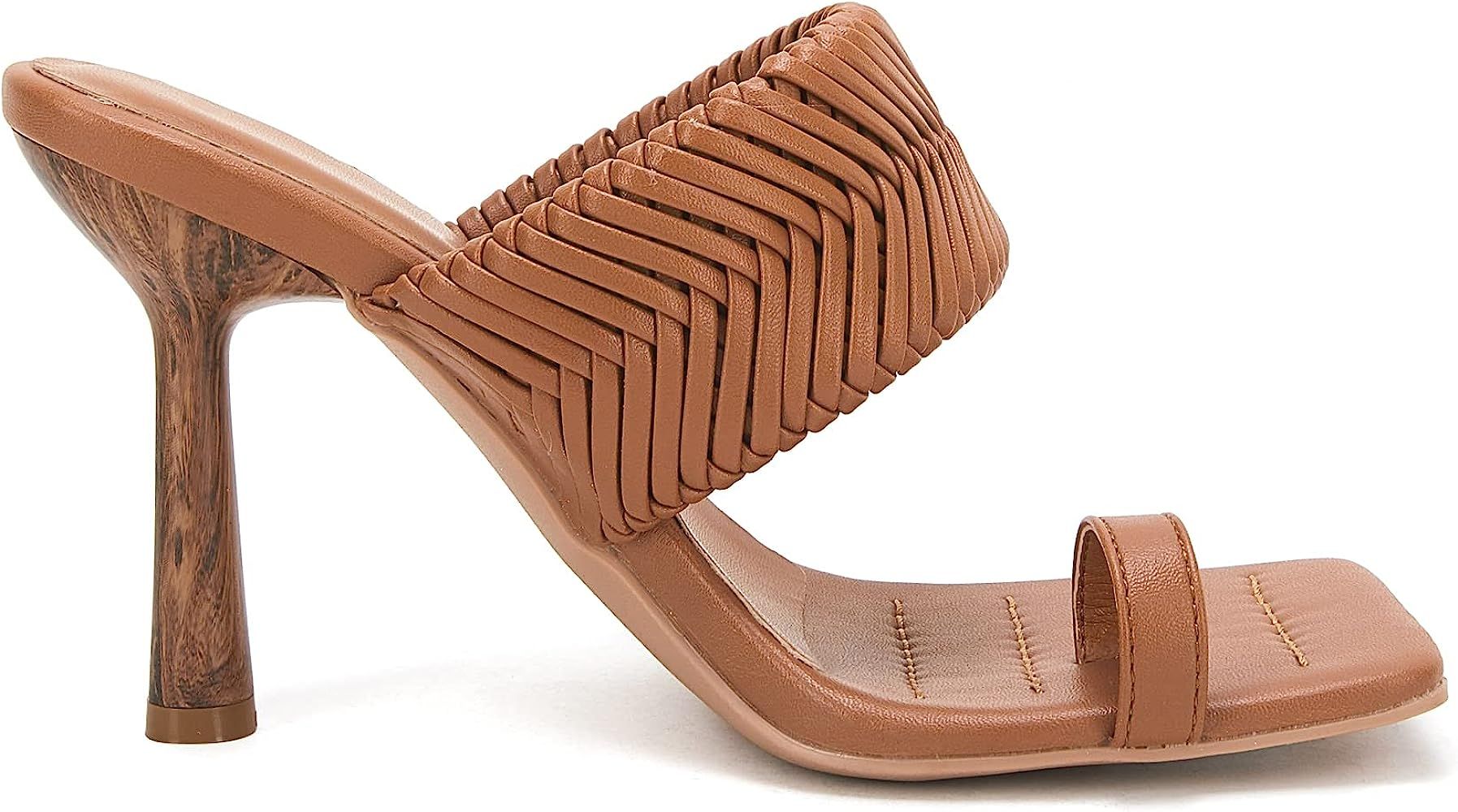 VETASTE Women's Braided Heeled Mule Sandals Square Open Toe Stiletto Backless Strappy Slip On Slide  | Amazon (US)