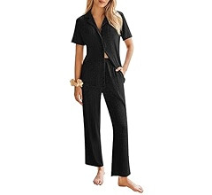 Ekouaer Womens Rib Knit Pajamas Button Up Lounge Sets Short Sleeve Top and Long Pants Matching Pj... | Amazon (US)