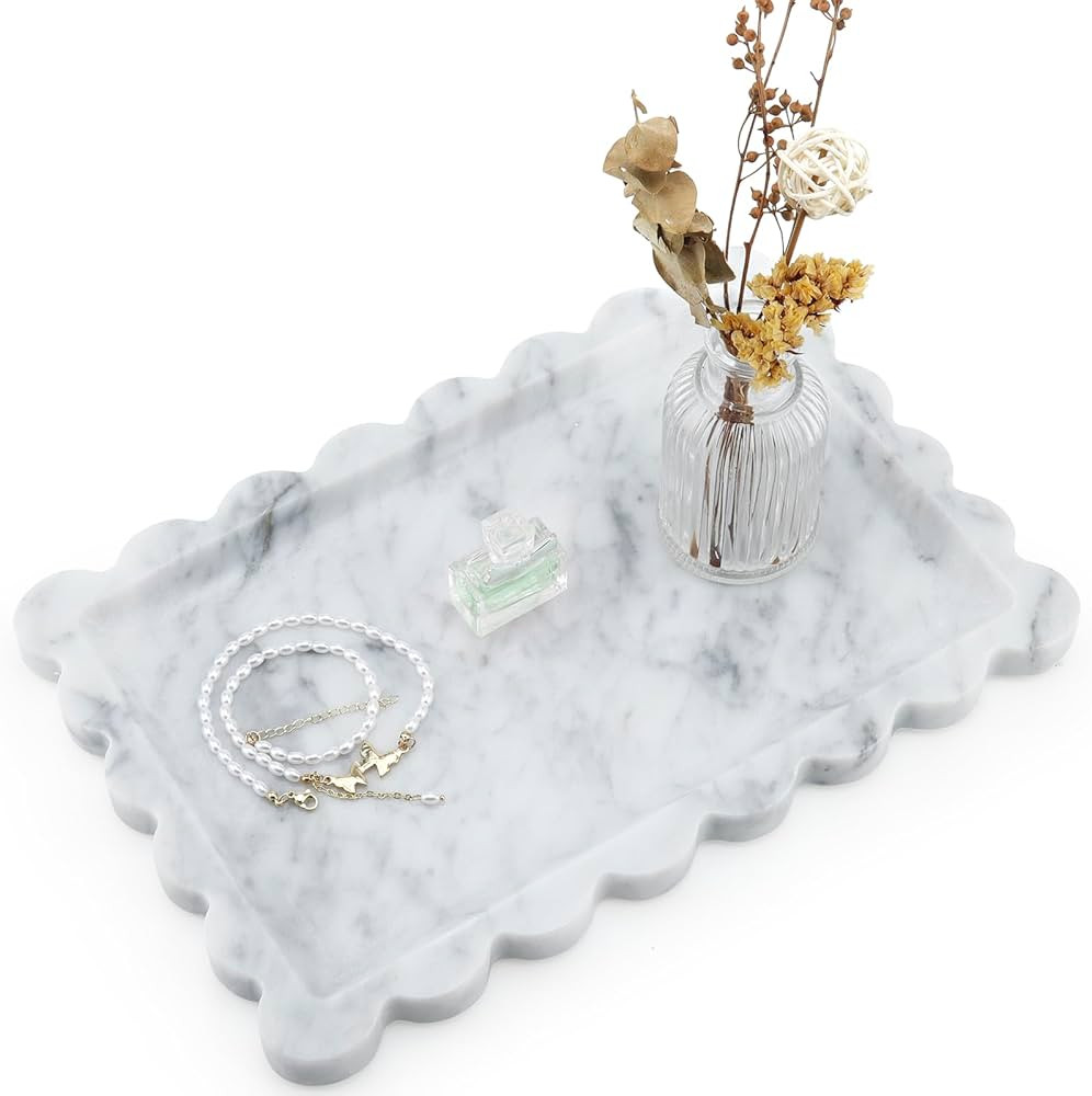 Real Natural Scalloped Marble Tray for Bathroom, Vanity, Kitchen and Desktop, Decorative Stone Tr... | Amazon (US)